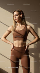 Athletic Woman in Brown Activewear with Headphones