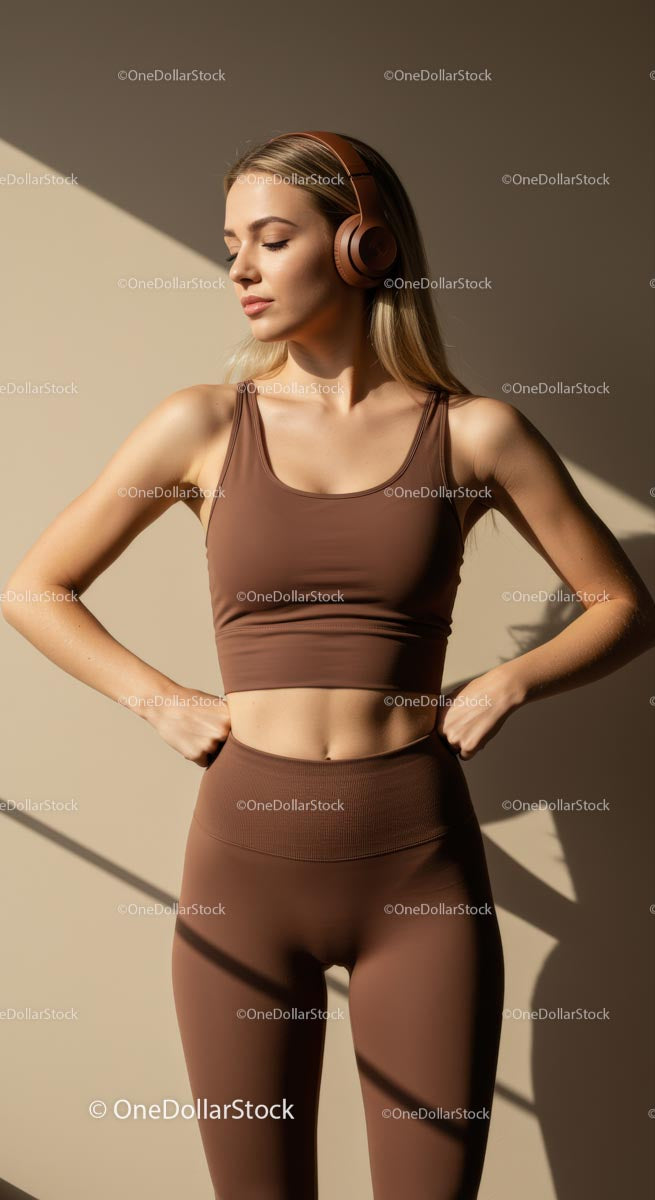 Blonde Woman in White Workout Outfit with Headphones