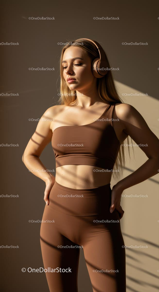 Blonde Woman in White Workout Outfit with Headphones