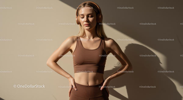 Kobieta w Stroju Fitness Relaksująca się w Słuchawkach