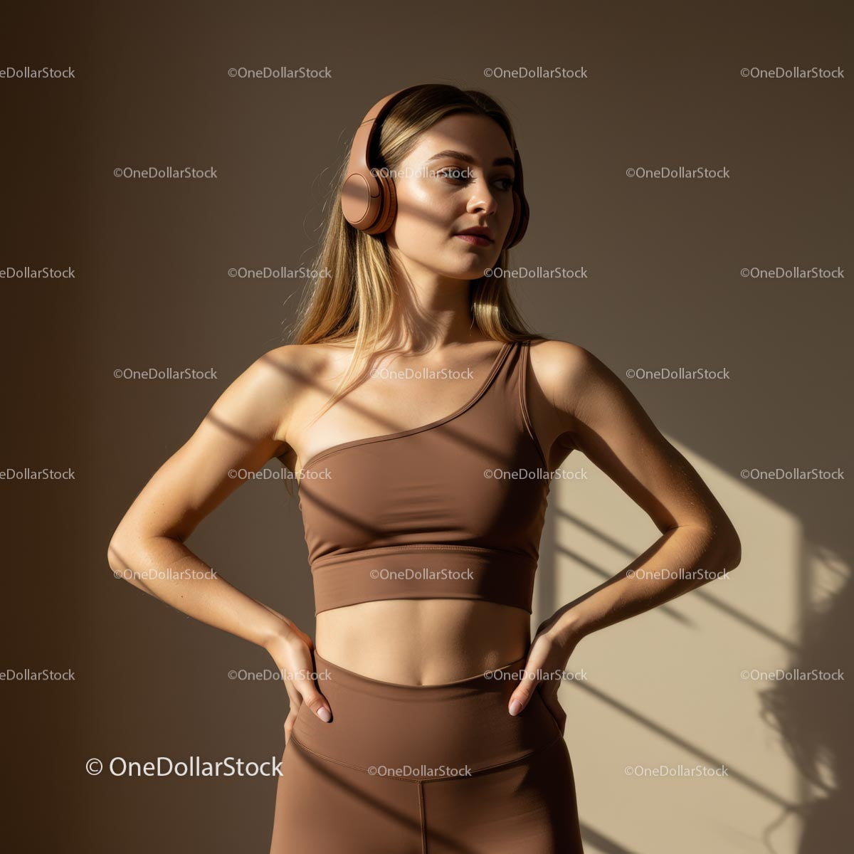 Confident Woman in Chic Brown Workout Outfit with Headphones
