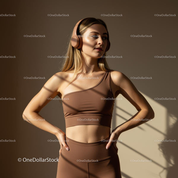 Confident Woman in Chic Brown Workout Outfit with Headphones