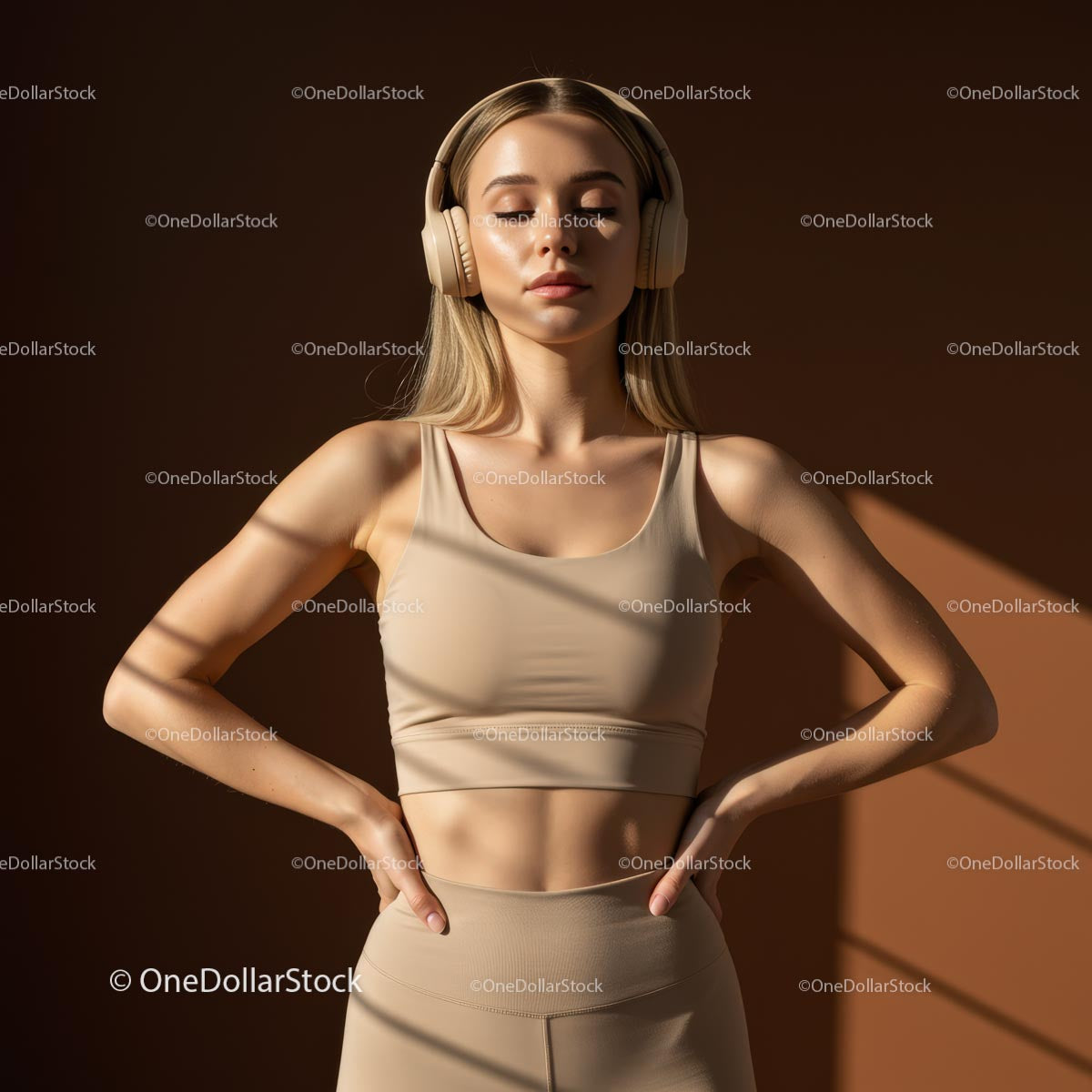 Woman in Beige Activewear Meditating with Headphones