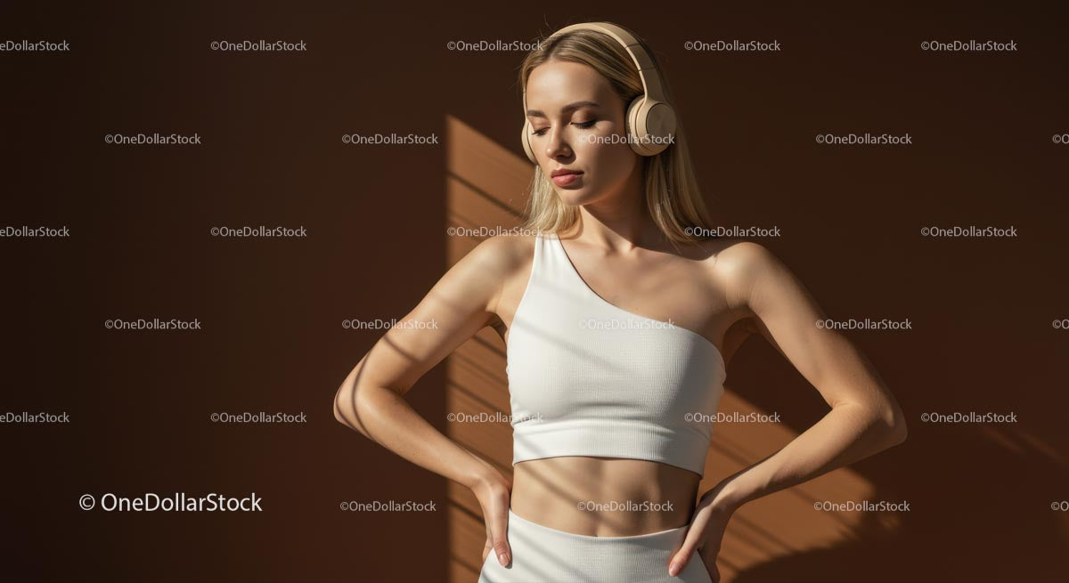 Tranquil Woman in White Relaxing with Headphones in Sunlight
