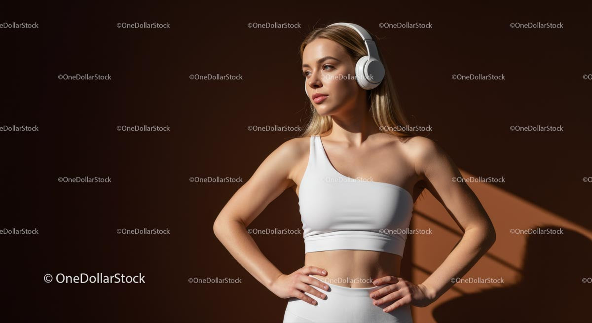 Active Woman Wearing Headphones in Modern Workout Attire