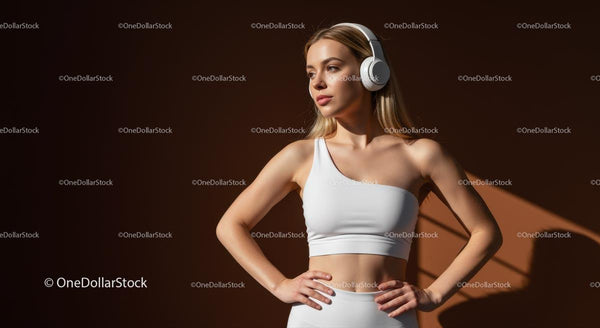 Aktywna kobieta w słuchawkach w nowoczesnym stroju sportowym