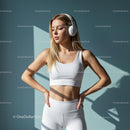 Fit Woman Listening to Music in Sunlit Room