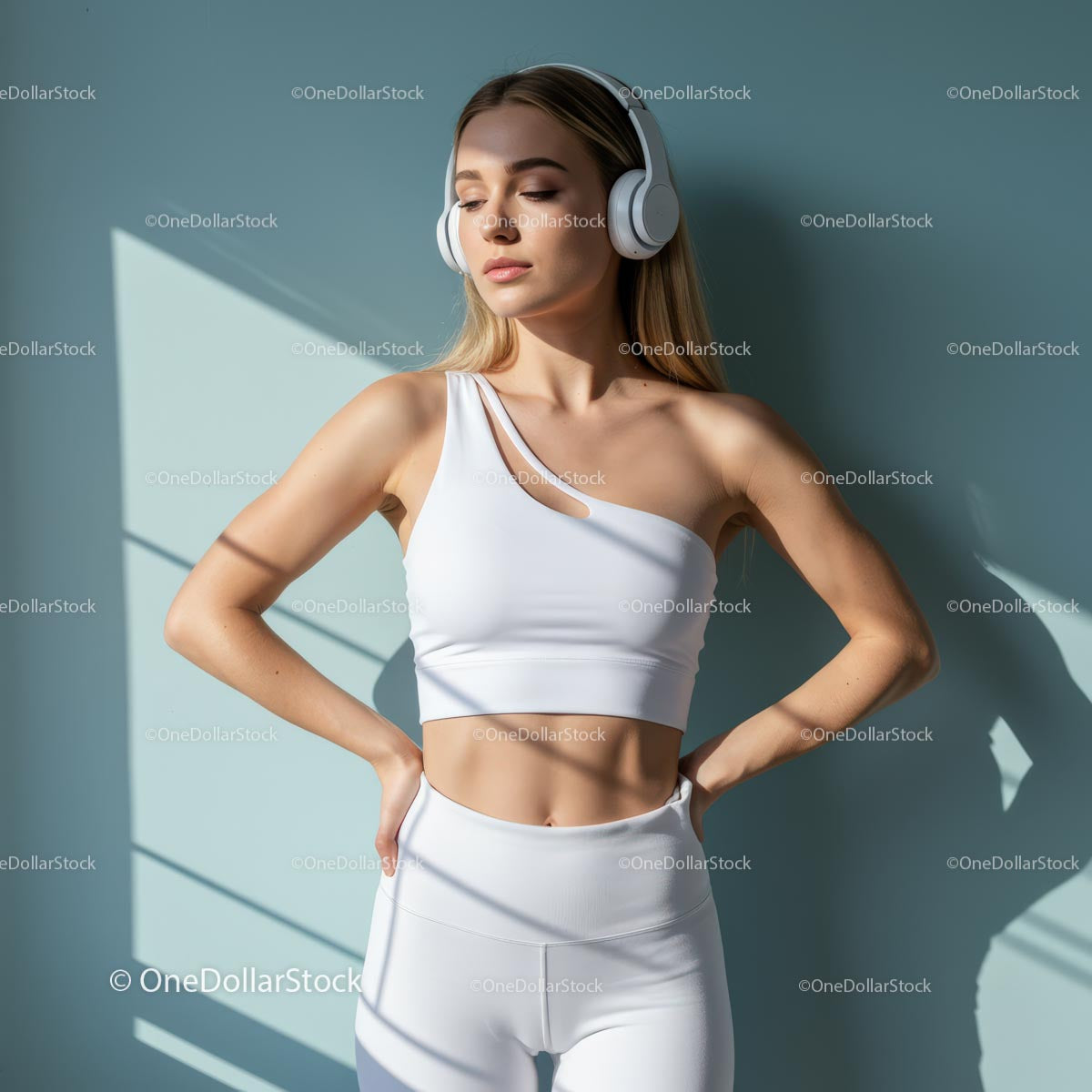 Blonde Woman Relaxing in White Outfit with Headphones