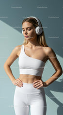Woman in White Activewear Relaxing with Headphones