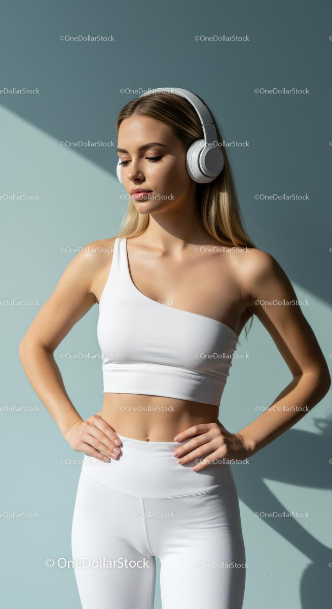 Woman in White Activewear Relaxing with Headphones