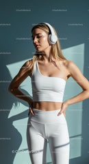 Blonde Woman in White Workout Outfit with Headphones