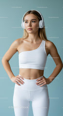 Blonde Woman in White Workout Outfit with Headphones