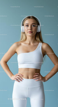 Active Woman in White Activewear with Headphones