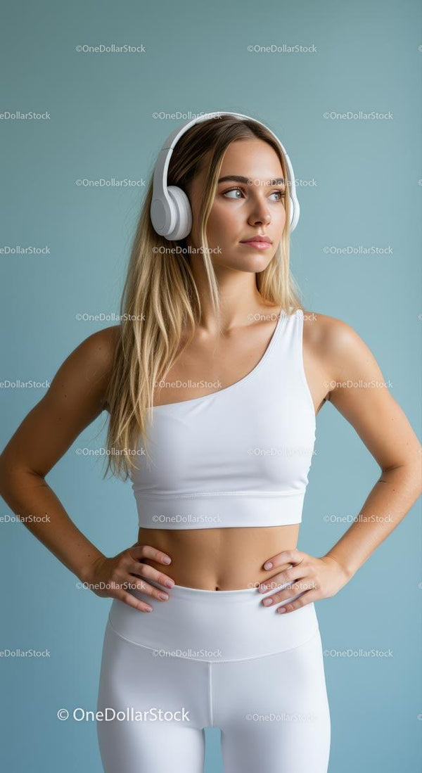Focused Woman in White Activewear Listening to Music