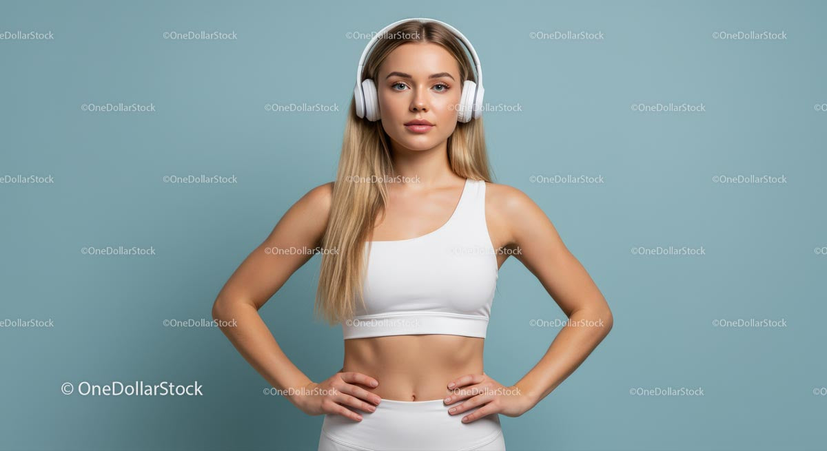 Confident Woman in Headphones and White Workout Attire