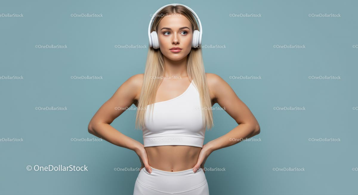 Blondynka w stroju sportowym ze słuchawkami