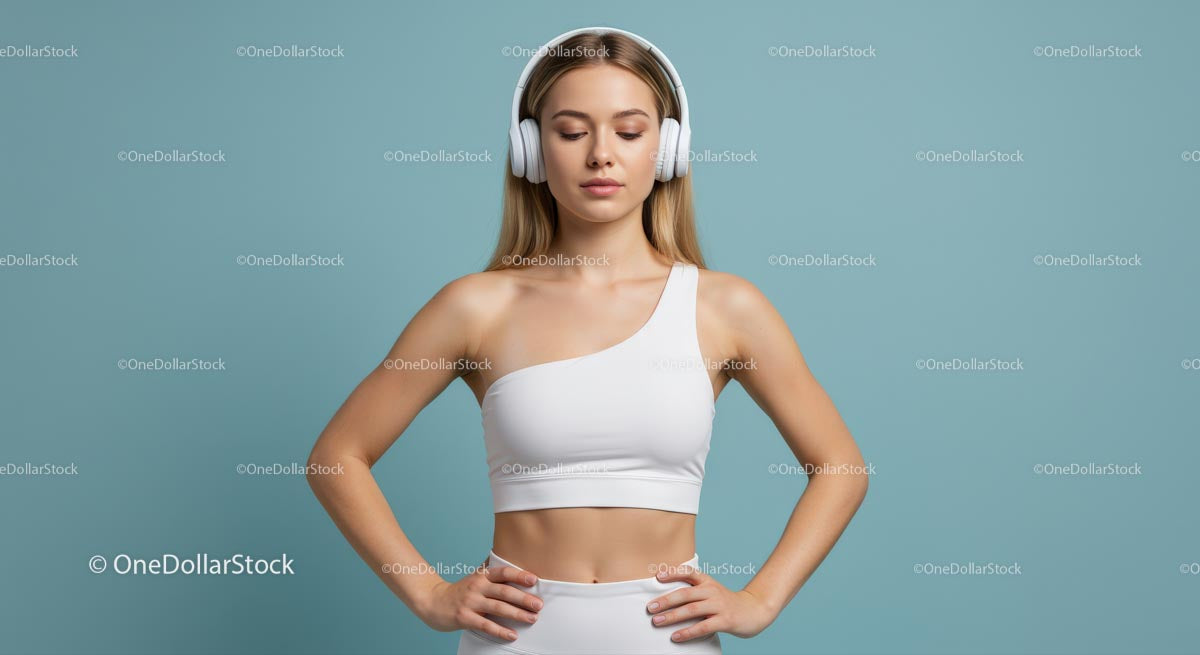 Sporty Woman in White Outfit with Headphones