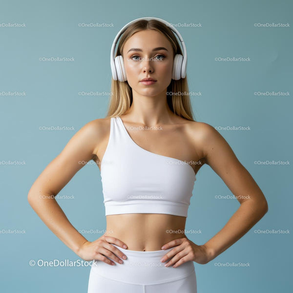 Fit Woman in White Activewear with Headphones