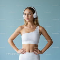 Athletic Woman in White Sportswear with Headphones