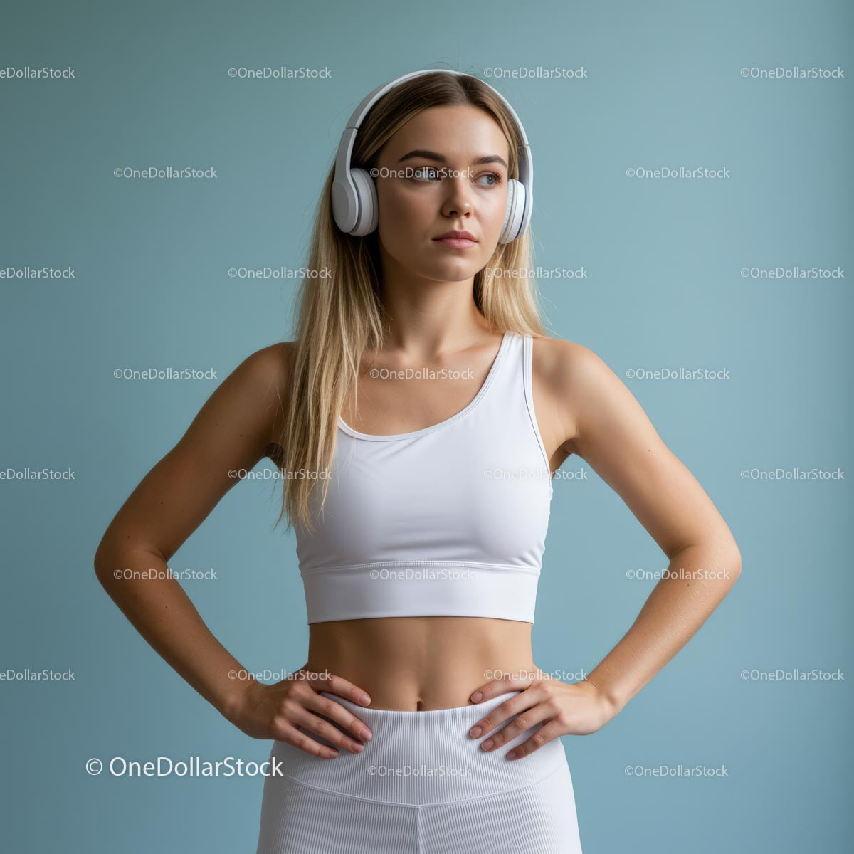 Focused Woman in White Sportswear with Headphones