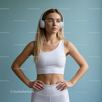 Focused Woman in White Sportswear with Headphones