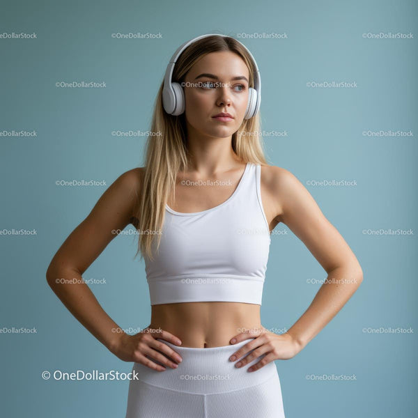 Focused Woman in White Sportswear with Headphones