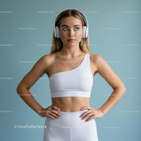 Confident Woman in White Sportswear with Headphones