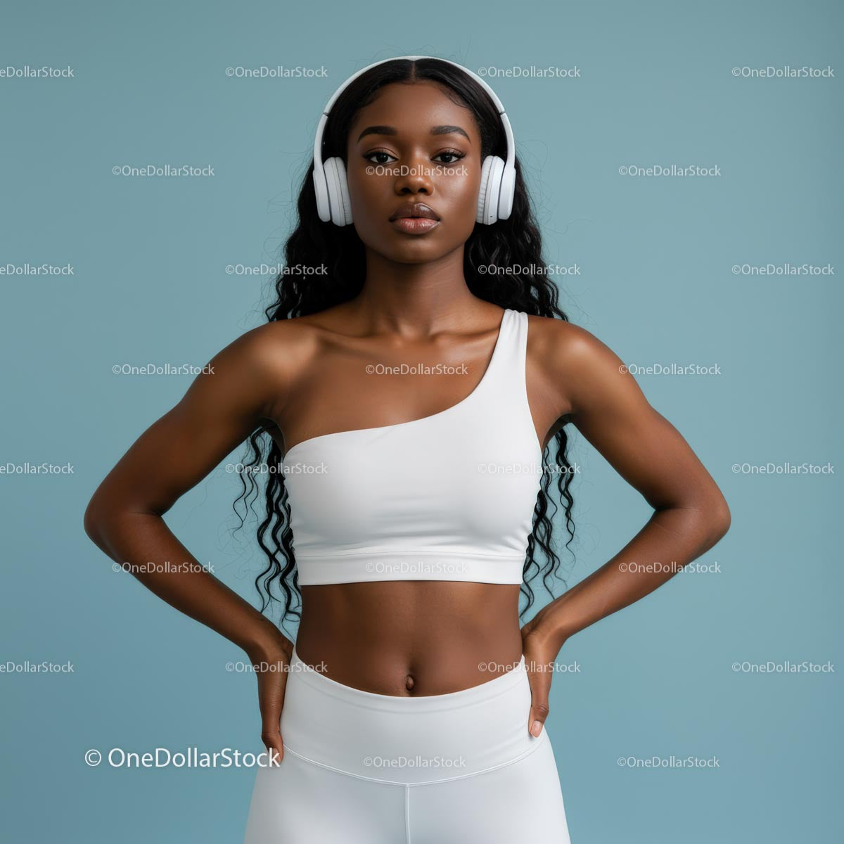 Confident Woman in White Workout Outfit with Headphones