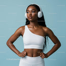 Confident Athletic Woman in White Activewear with Headphones