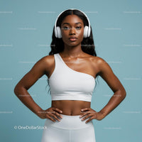 Athletic Woman in White Sportswear with Headphones