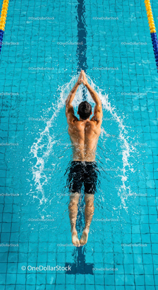 Male Swimmer Performing Freestyle in Blue Pool