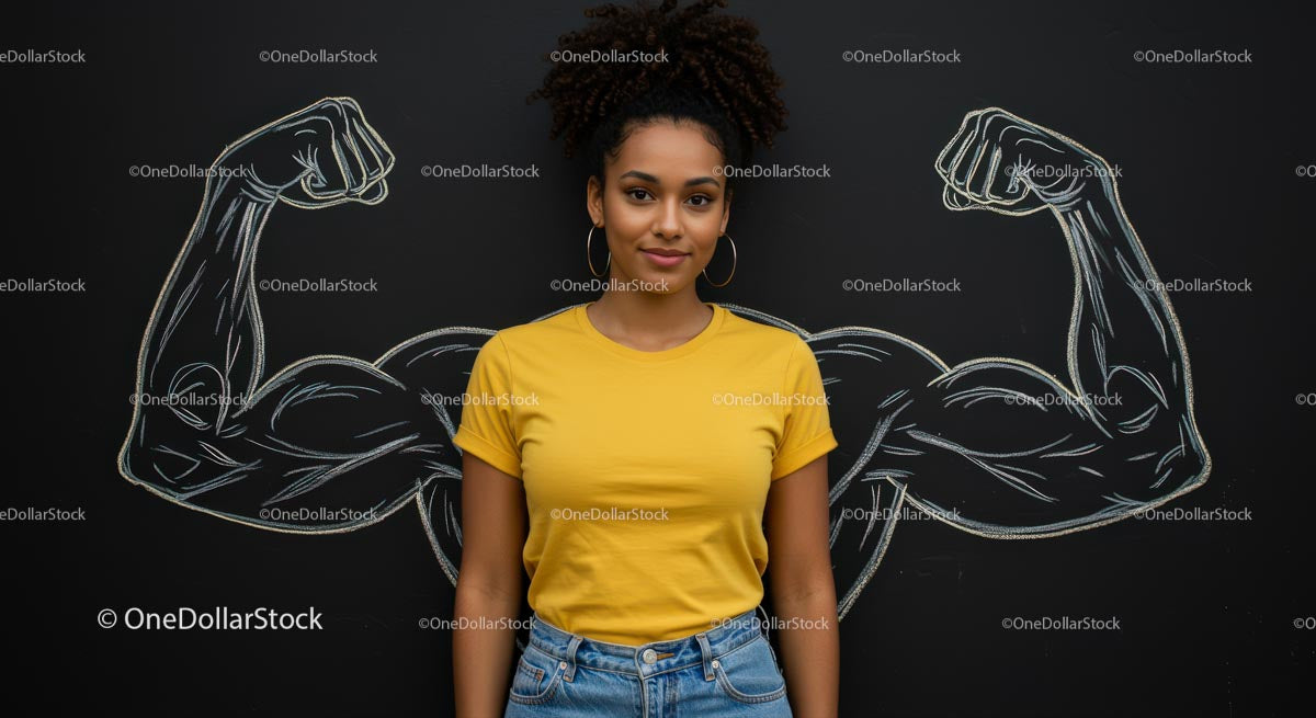 Confident Woman in Yellow T-Shirt with Chalk Muscles