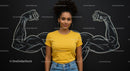Confident Woman in Yellow T-Shirt with Chalk Muscles