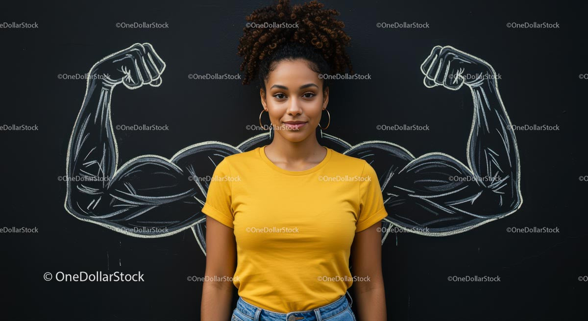 Confident Woman in Yellow with Muscle Chalk Drawing