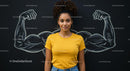 Confident Woman in Yellow with Muscle Chalk Drawing