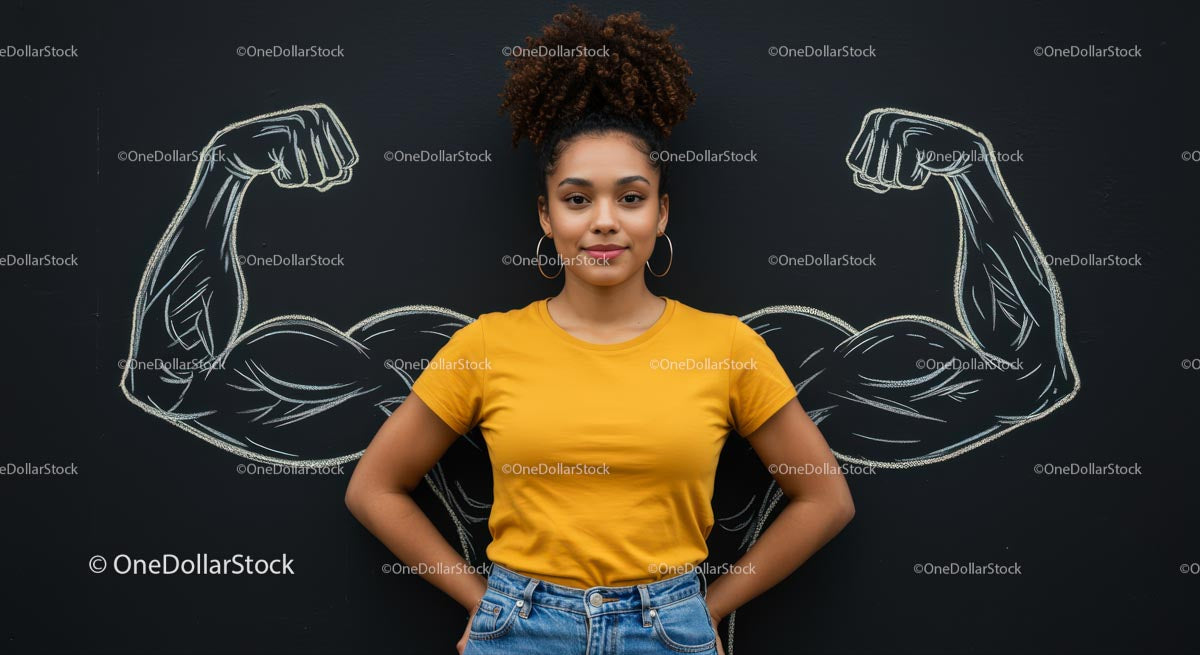 Confident Woman in Yellow Shirt with Chalk Drawn Muscles