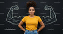 Confident Woman in Yellow Shirt with Chalk Drawn Muscles