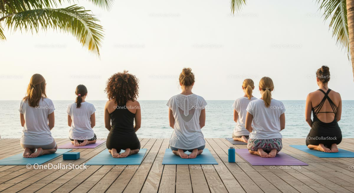 Group Yoga Session by the Ocean Under Palm Trees