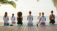 Group Yoga Session by the Ocean Under Palm Trees