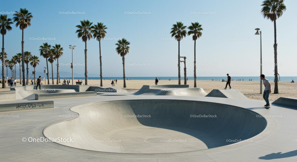 Skateboarder Enjoying Sunny Skatepark by the Beach