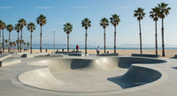 Skateboarder Enjoying Sunny Skatepark by the Beach
