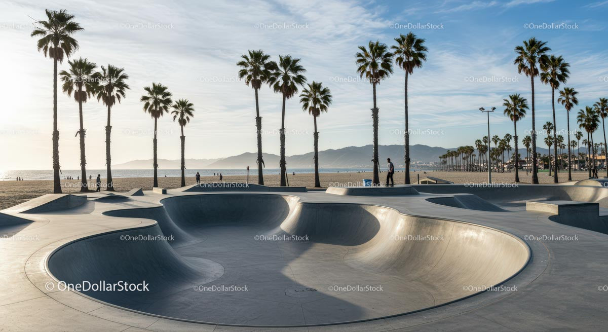 Scenic Skatepark with Palm Trees by the Beach at Sunset