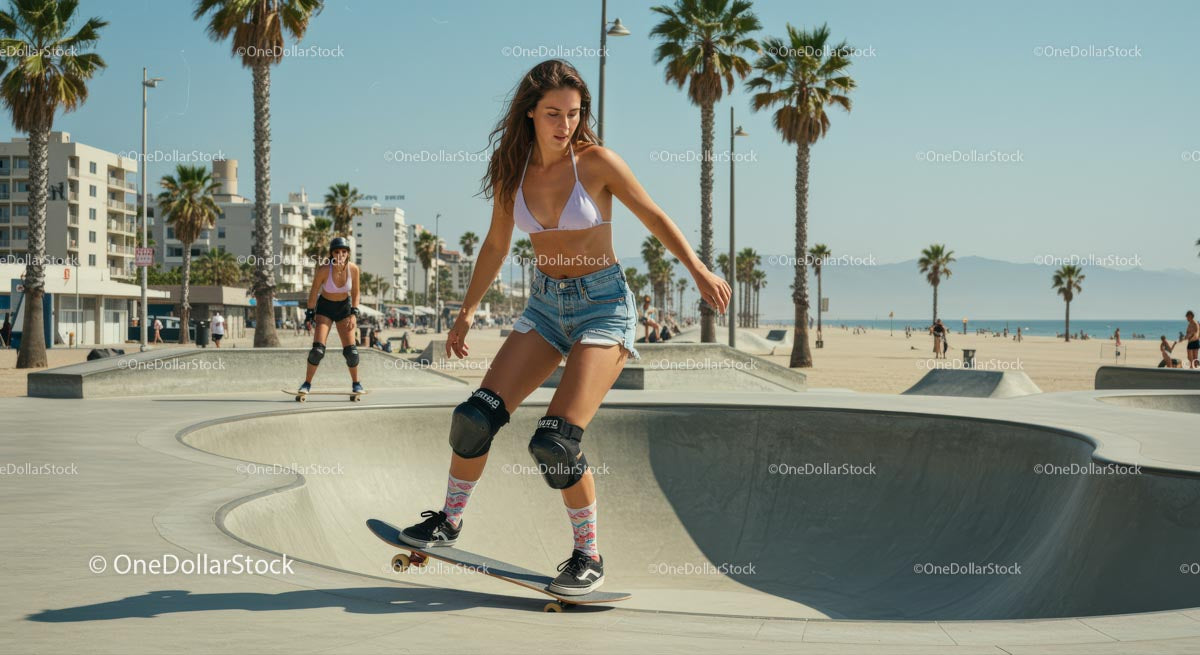 Young Woman Skateboarding at a Sunny Beach Skate Park