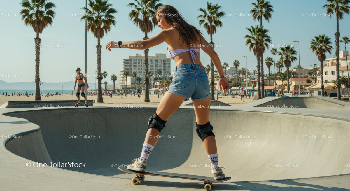 Young Woman Skateboarding in Beachside Skate Park