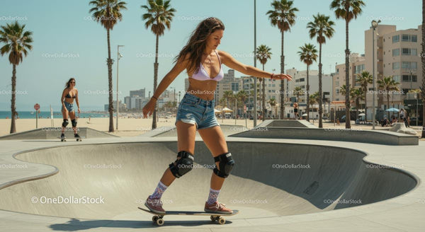 Woman Skateboarding in Sunny Beachfront Skate Park