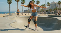 Young Woman Skateboarding in Beachside Skate Park