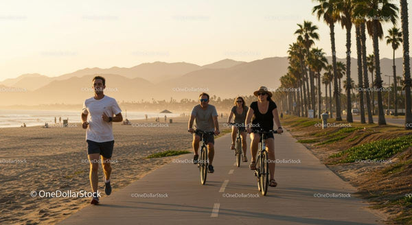 People Cycling and Jogging Along a Scenic Beach Path at Sunset