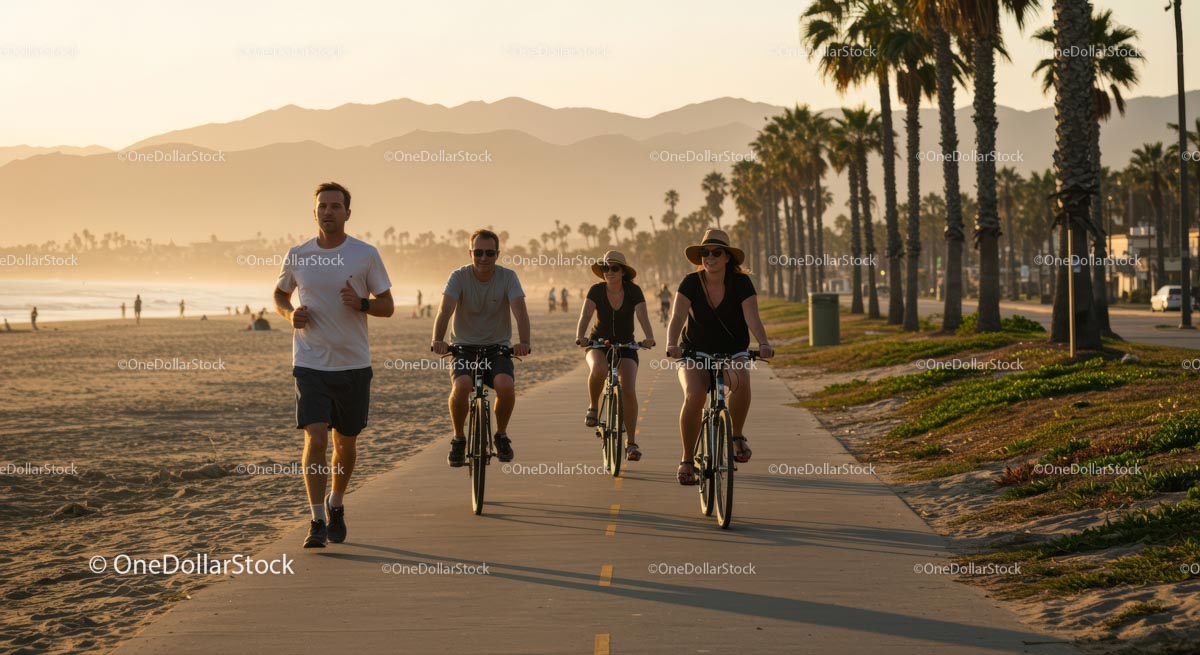 People Cycling and Jogging on a Scenic Beach Path at Sunset