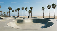 Skateboarder Enjoying Sunny Skatepark by the Beach