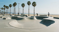 Skateboarder Enjoying Sunny Skatepark by the Beach